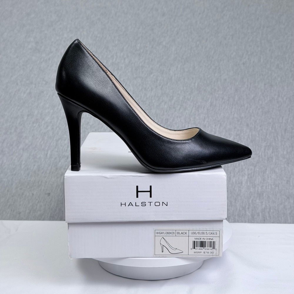 Halston Gayle Black Vegan Leather Pointed Toe Pumps Stiletto Heels US 6